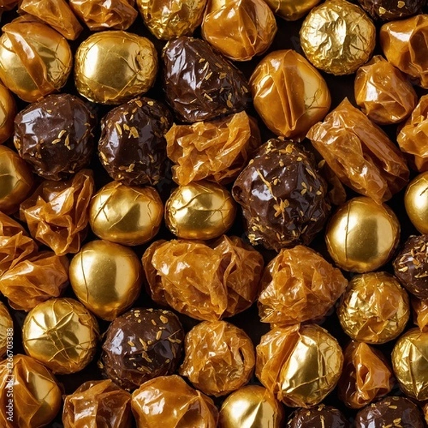 Obraz A variety of caramel and toffee candies wrapped in golden foil.