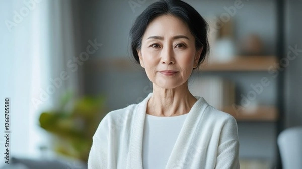 Obraz asia Before and after photos of a problematic face and healthy skin. Portrait of a Mature Asian Woman with Calm Expression