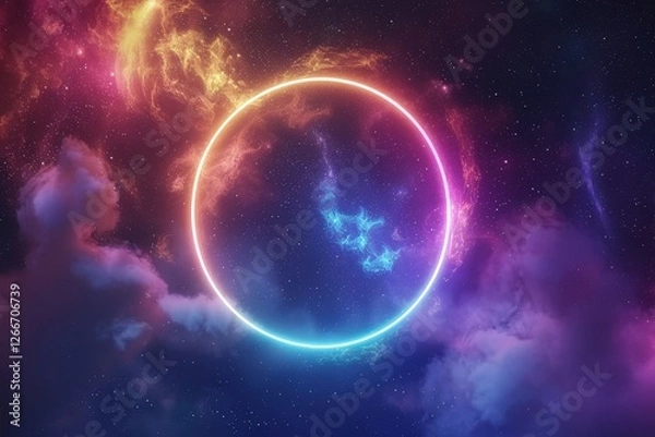 Fototapeta Cosmic portal Bright ring amidst nebulae, stars, clouds. For tech, sci-fi, or dreamlike visuals