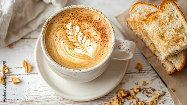 Obraz A delightful pairing of a coffee latte and freshly baked bread