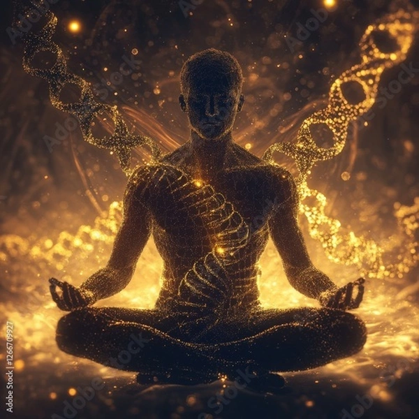 Fototapeta Golden Human Figure in Lotus Position with DNA Strands