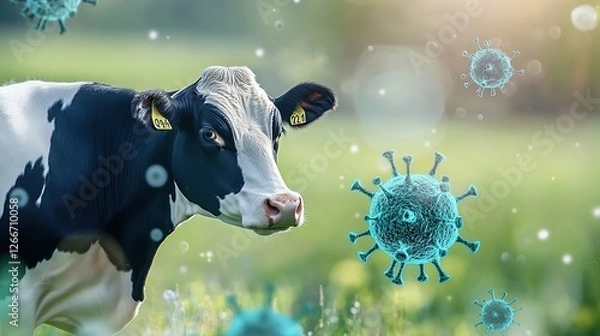 Obraz Dairy cow with avian flu virus particles, symbolizing animal health risks and disease prevention