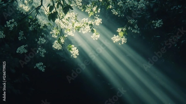 Obraz Ethereal Sunlight Through Blossoming Trees in a Serene Forest
