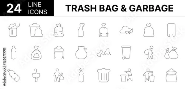 Fototapeta Collection of 24 Trash bag & garbage line icons featuring editable strokes. These outline icons depict various modes of Trash bag & garbage, Rubbish, disposal, pack, vector, kitchen, food, line, 