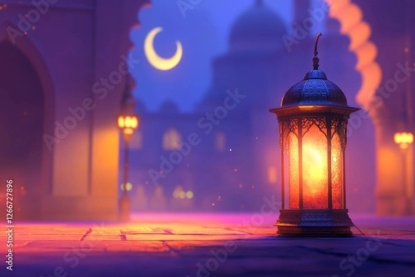Fototapeta Illuminated Lantern, Mosque Courtyard, Night, Ramadan