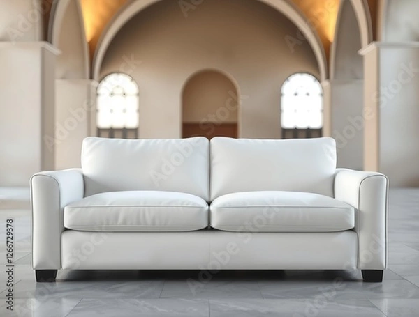 Fototapeta minimalist sofa in light gray fabric, smooth, clean design, rounded edges, subtle seam, curved,armrests, soft lighting, bokeh background, sharp subject focus, wide,angle view