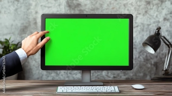 Fototapeta Hand interacting with green screen computer