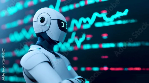 Fototapeta Robot program trader, advanced algorithm charts, futuristic financial interface, glowing data points