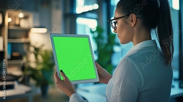 Obraz Businesswoman using tablet with green screen.