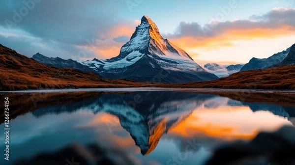 Obraz Majestic mountain peak reflecting in tranquil alpine lake at sunrise