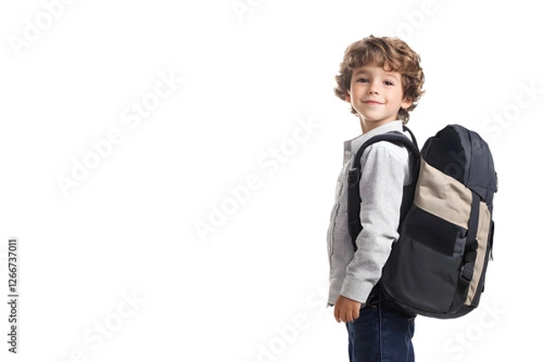 Fototapeta A little boy in a school uniform carrying a large backpack Isolated on white background.