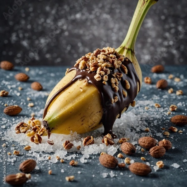 Obraz A frozen chocolate-dipped banana with crushed nuts on top.
