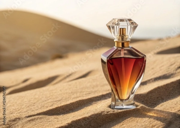 Fototapeta Luxurious perfume bottle resting on the desert sand.