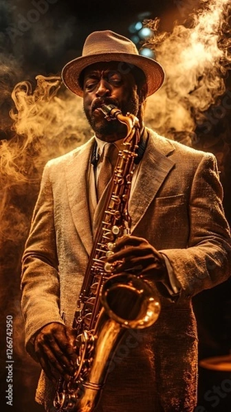 Fototapeta A cinematic portrait of a jazz musician, classic sepia-toned film style mixed with digital smoke and neon highlights, vintage nostalgia meets modern vibrancy, storytelling mood