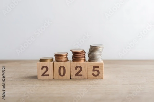 Fototapeta Financial Growth 2025 Wooden Blocks Coins Stacking Investment Savings Plan Business Success Economic Progress Financial Planning Wealth Building Money Management Future Security Retirement Planning   