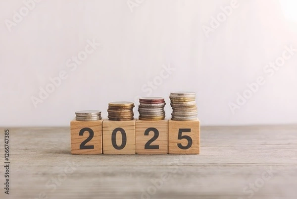 Fototapeta Financial Growth 2025 Savings Plan Investment Strategy Wooden Blocks Coins Stacked Business Success Financial Planning Economic Growth Wealth Building Future Planning Retirement Savings Money         