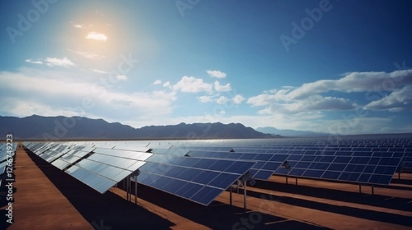 Obraz Model of the sun illuminates solar panels with glowing rays, highlighting sustainable power generation,