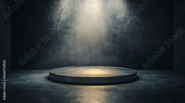 Fototapeta circular podium in the center of an empty room, illuminated by soft light from above. The background is a dark gray with subtle reflections on the surface.