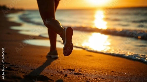 Obraz A woman jogs barefoot along the shoreline as the waves lap at her feet, her silhouette glowing against the orange and pink hues of the setting sun. The scene conveys freedom, adventure, and vitality.