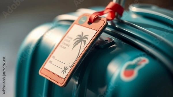 Fototapeta A suitcase with a tropical-themed tag featuring a palm tree and a sunset, evoking the essence of a beach vacation.