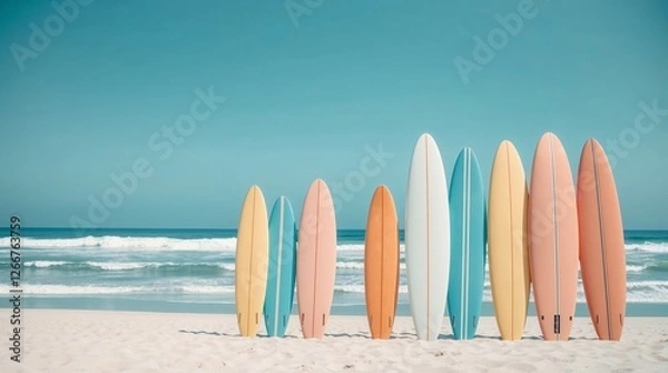 Fototapeta A collection of colorful surfboards stands in a neat row on a sandy beach, ready for an exciting day on the waves. The clear blue sky and bright sunshine set the perfect scene for a spring break