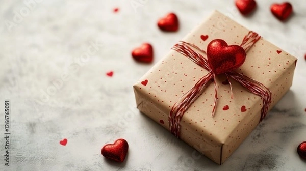 Fototapeta Gift box with a red bow decorated with hearts on a white background