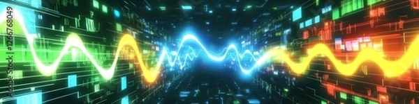 Fototapeta Data flow, network, digital, wave, abstract, technology, background, future