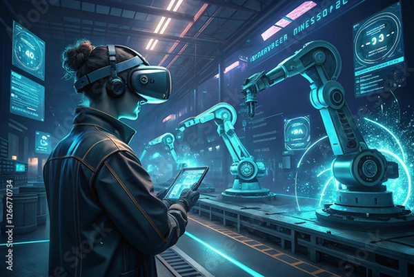 Fototapeta VR Manufacturing:  A female engineer dons a VR headset, navigating the intricate world of a futuristic manufacturing facility.