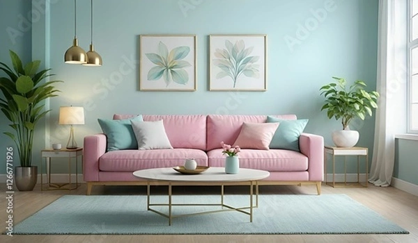 Fototapeta This image shows a modern living room with a light blue wall, a pink sofa, and a coffee table in the center. It is decorated with framed floral artwork.
