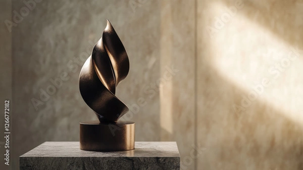 Fototapeta An elegant, twisted bronze sculpture with a reflective surface, positioned on a smooth marble block