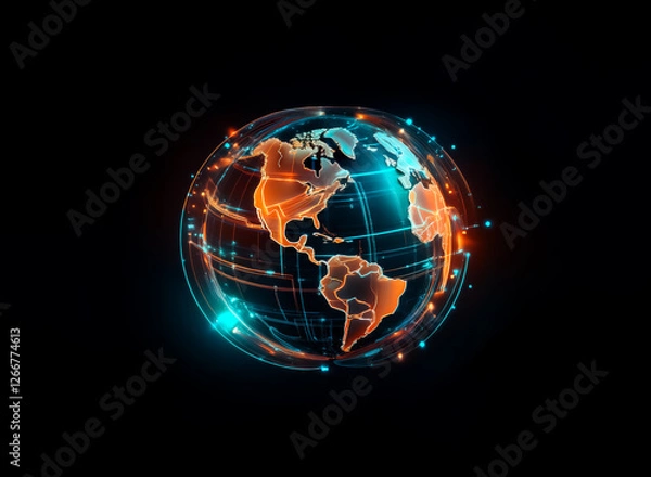 Fototapeta Abstract digital globe with interconnected orange and blue lines forming a network. Futuristic representation of global communication and technology on a black backdrop.