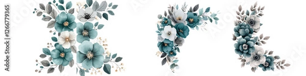 Fototapeta Elegant Teal and White Floral Bouquet with Minimalist Botanical Elements  arrangement of flowers leaves and petals in a contemporary abstract style  Ideal for wedding Valentine s Day