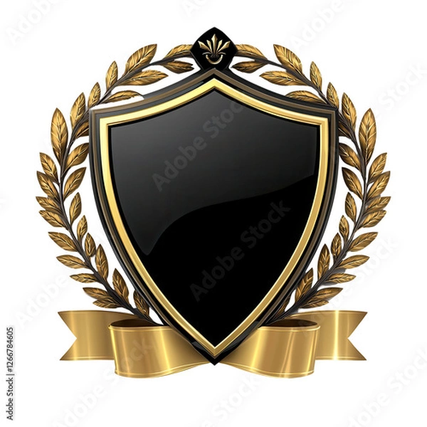 Fototapeta Isolated Black and Gold Shield with Ornate Laurel Wreath and Ribbon Accents