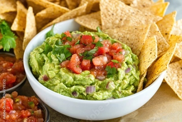 Fototapeta Fresh guacamole served with crispy tortilla chips, perfect for snacking or party appetizer