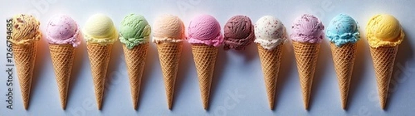 Fototapeta Colorful Ice Cream Cones with Various Flavors in Waffle Cones