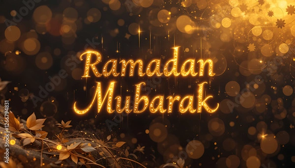 Fototapeta Ramadan Mubarak Greeting Card with Glowing Golden Font and Bokeh Lights Creating a Festive Atmosphere