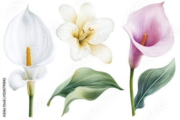 Fototapeta Four different types of flowers arranged on a white background