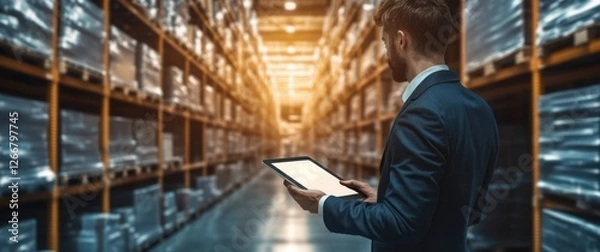 Fototapeta Businessman using tablet in warehouse for management and control in modern trade logistics and supply chain operations