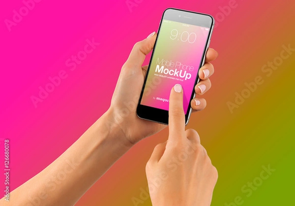 Fototapeta Hands with Cellphone on Gradient Background Mockup 33