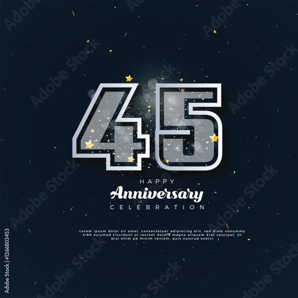 Obraz 45th Anniversary celebration, 45 Anniversary celebration in black BG, stars, glitters and ribbons, festive illustration, white number 45 sparkling confetti, 45,46