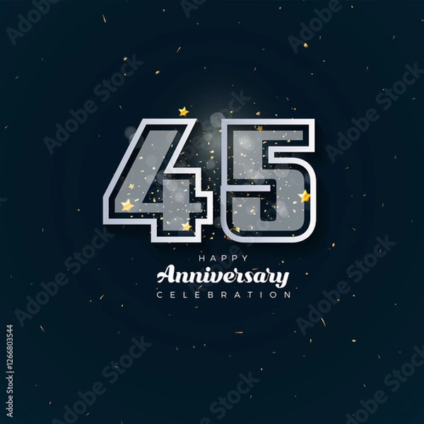 Obraz 45th Anniversary celebration, 45 Anniversary celebration in black BG, stars, glitters and ribbons, festive illustration, white number 45 sparkling confetti, 45,46