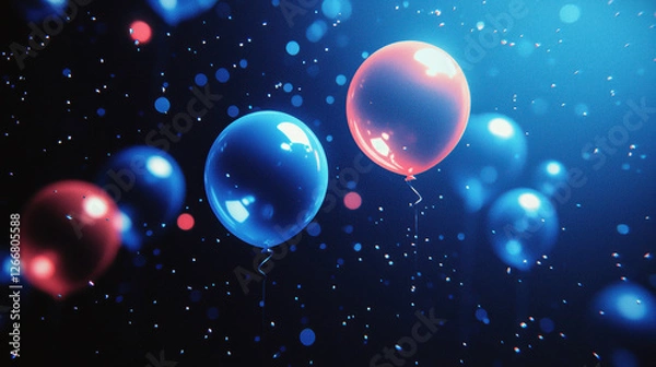 Fototapeta Colorful balloons in blue and red float against dark background, creating festive atmosphere filled with sparkling lights. Perfect for celebrations and parties