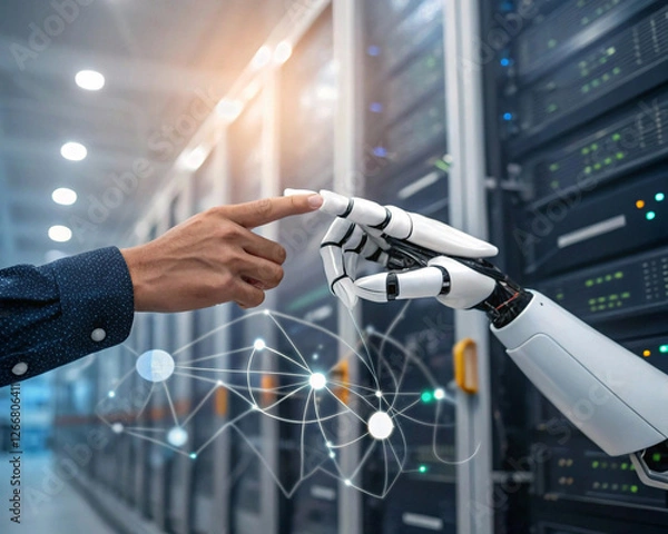 Fototapeta A technology-driven, innovative science background, depicting AI, machine learning, and big data networks.