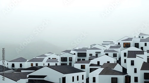 Fototapeta Modern white architecture in a foggy landscape with unique shapes and contrasting rooftops