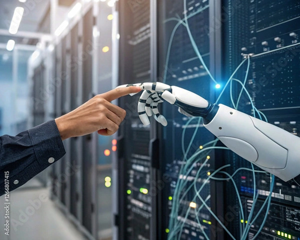 Fototapeta "AI and machine learning concept with a robot and human hands touching, set against a big data network background."