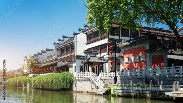Fototapeta Serene Waterfront View of Traditional Chinese Architecture in Daylight