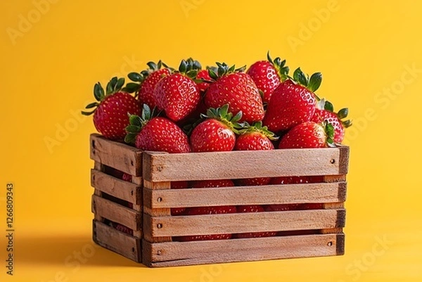 Fototapeta A high-detail capture of a strawberry display in a traditional wooden crate, set against an isolated gradient yellow-orange background, highlighting warmth and vibrancy