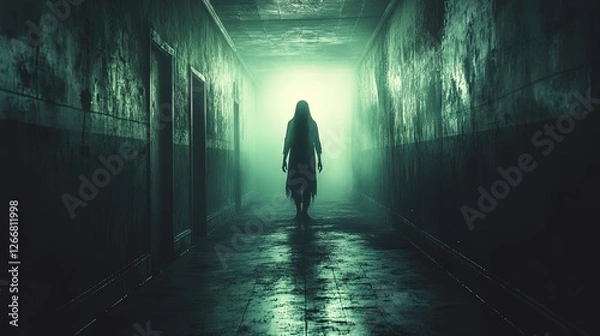 Obraz A ghostly silhouette standing at the end of a long, dimly lit hallway, chilling and suspenseful 