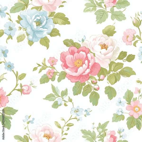 Fototapeta Vintage floral pattern, pastel colors, soft and delicate watercolor style, seamless pattern on a white background. Soft pinks, blues, greens, and whites, with flowers including roses,