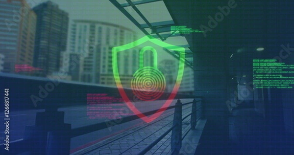 Fototapeta Image of padlock in shield over data processing and train station